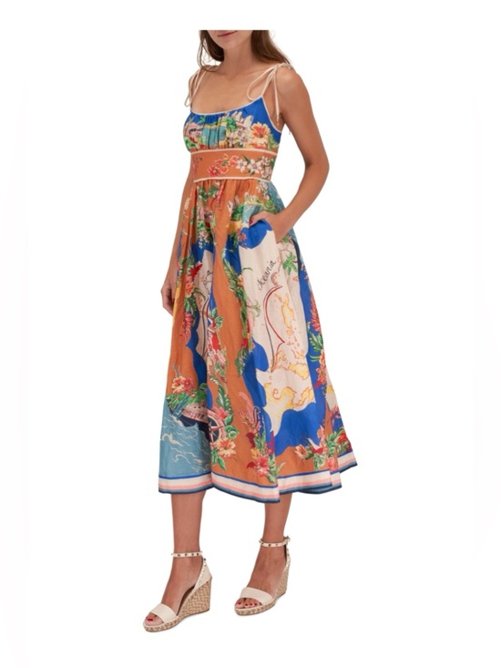 Zimmermann Alight Picnic Nautical Map Midi Dress Linen Blue Print - Picture 16 of 16